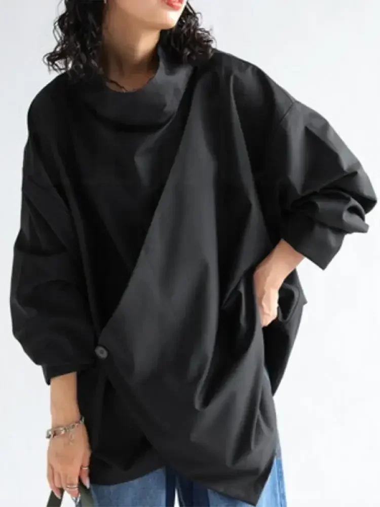 Missuoo 2024 New Casual Tops for Women Solid Black Loose Fit High Neck Long Sleeve T-shirt Buttoned Asymmetrical Shirt Top