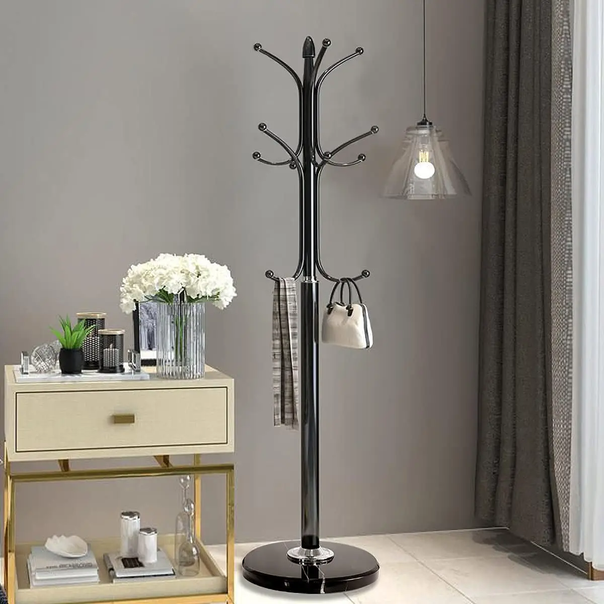 

Metal Coat Rack Stand with Natural Marble Base, Free Standing Hall Tree 12 Hooks for Hanging Scarf, Bag, Jacket,