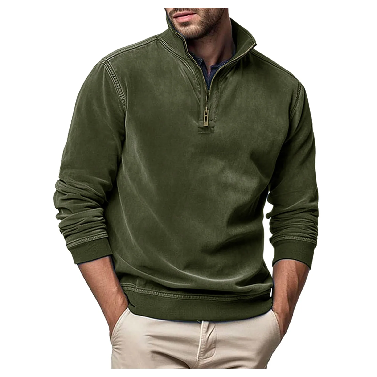 Male Solid Color Winter Hoodless Sweatshirt Suede Long Sleeve Zipper Design Warm Round Neck Top Blanket Sweatshirt Hoodie