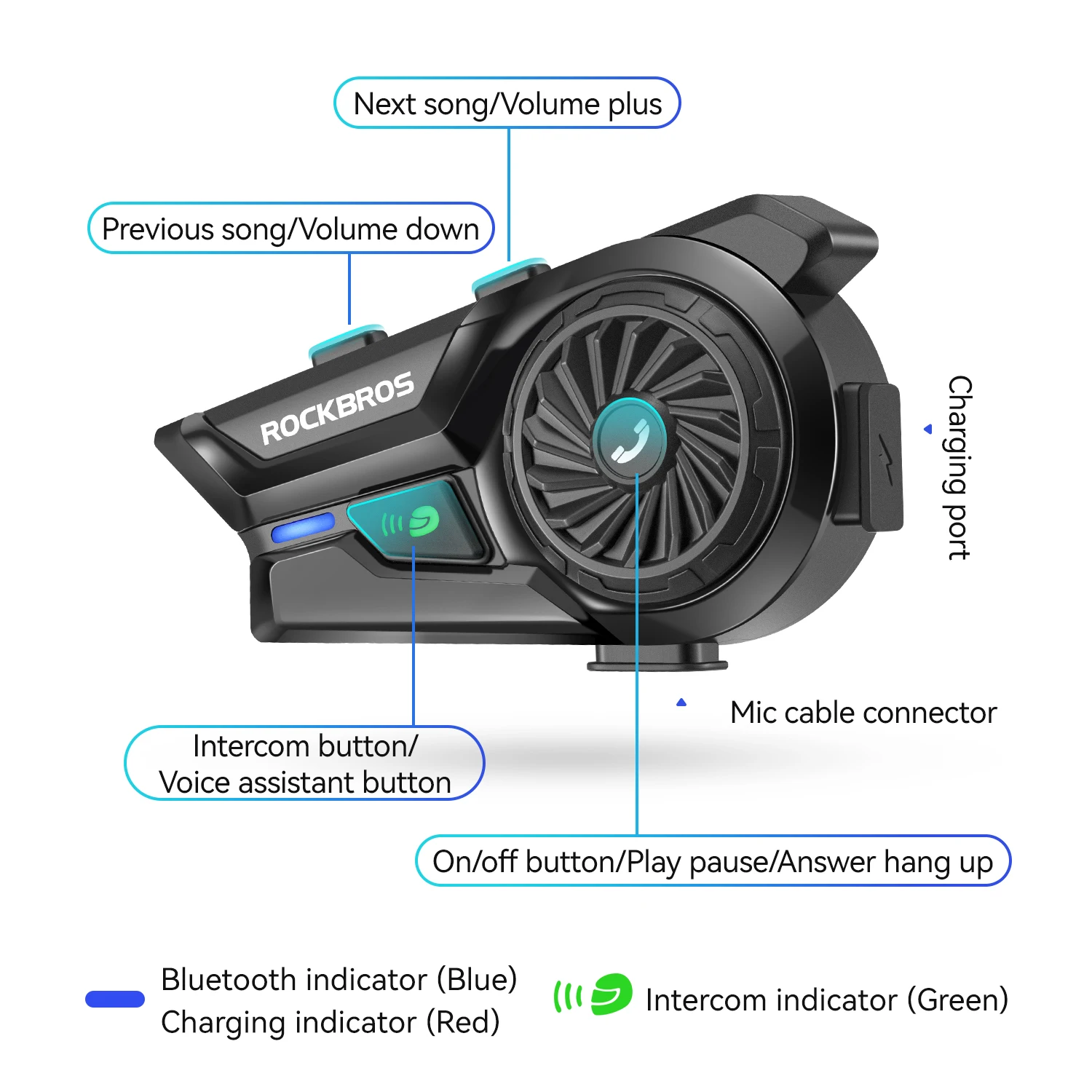 ROCKBROS Bluetooth-Headset, Motorradhelm, Bluetooth-Headset, 18-Stunden-Akku, wasserdicht, voller Halbhelm, Bluetooth-Headset