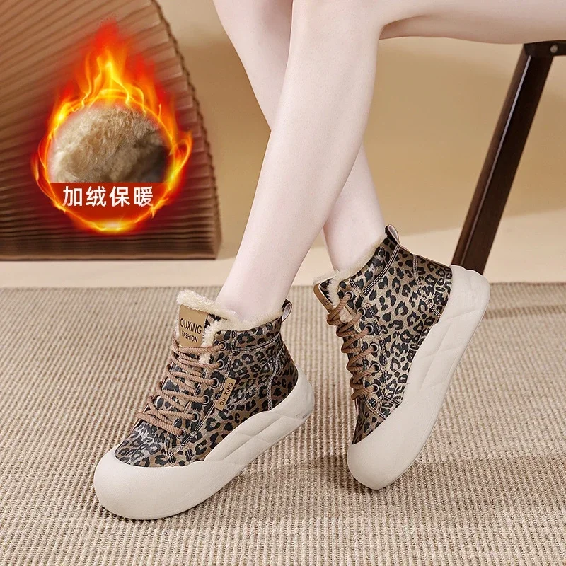 Winter Print Snow Cotton Shoes Women\'s Outdoor Leopard Casual Sports Velvet Cotton Shoes Thick-soled Warm Fur Boots Comfortable