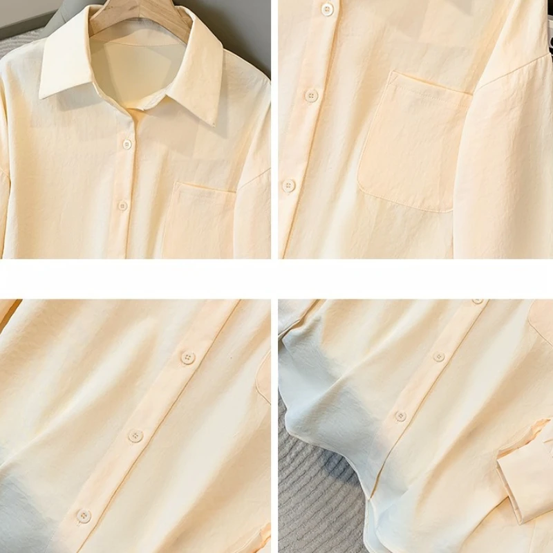 เสื้อผู้หญิงไซส์ใหญ่ ฤดูใบไม้ผลิ ฤดูใบไม้ร่วง 2025 เสื้อเชิ้ตผู้หญิงเรียบง่าย แขนยาว กระเป๋าเสื้อใหญ่ เสื้อหลวมๆ สไตล์ลำลอง