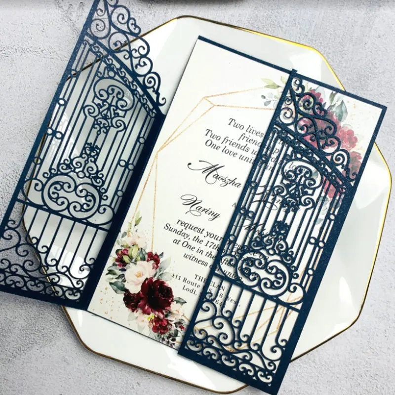 

100 Pieces Laser Cut Wedding Gate Love Door Invitation Card Personalized Navy Blue Engagement Party Greeting Invitations IC165