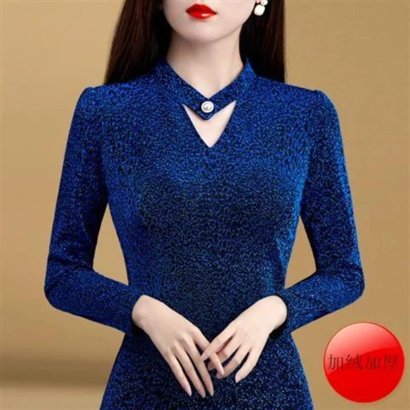 Autumn Winter New Slim Hollow Out Bottoming Shirt Fleece Long Sleeve All-match Print T Shirt Tops Elegant Vintage Women Clothing