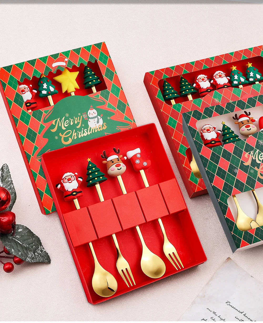 2/4/6 pcs Weihnachts gabel Löffel Set Edelstahl kreatives Geschirr Kaffee Tee Dessert Gabel Löffel Geschenkset Weihnachts geschenk box
