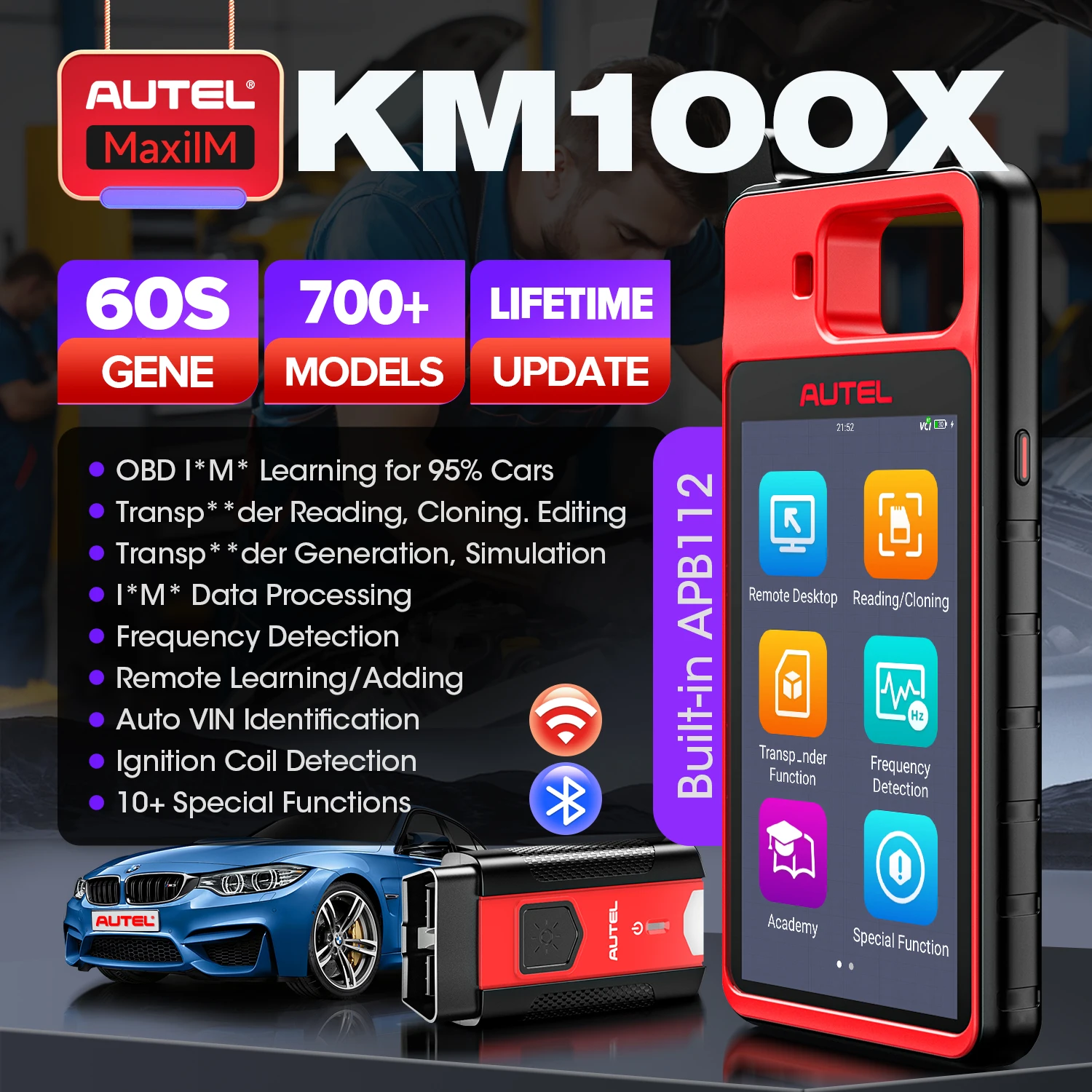 Autel MaxiIM KM100 KM100X Key Fob Programming Immobilizer Tool,60s Key Generation,OBD IMMO Key Learning,Chip Read/ Edit/ Clone