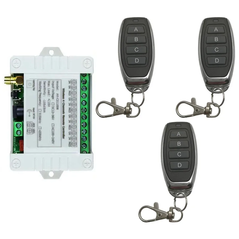 Smart Multiple DC 12V 24V 36V 10A 433MHz 4 Channel Wireless Relay RF Remote Control Switch Receiver + 4CH Metal Transmitter