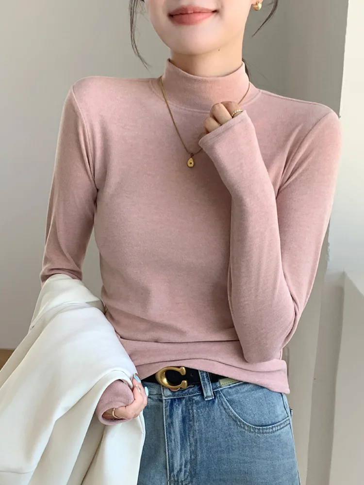 T shirt women 2026 fashion semi-high neck base slim new autumn long-sleeved solid color elastic tshirt women's clothing