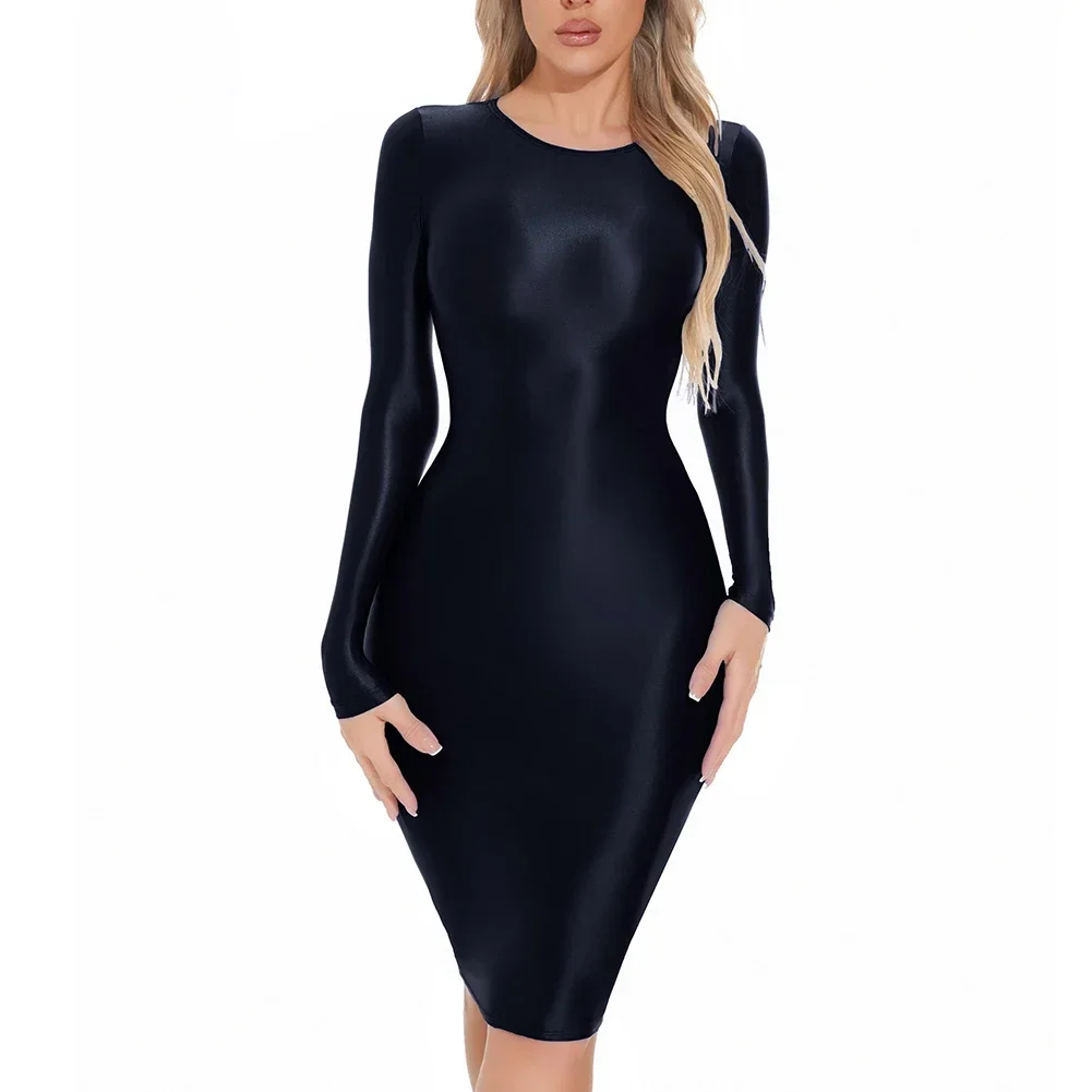 Female Bodycon Dress Quick-drying Solid Color Tights Club Glossy Lingerie Long Sleeve Nightwear O Neck Daily Home