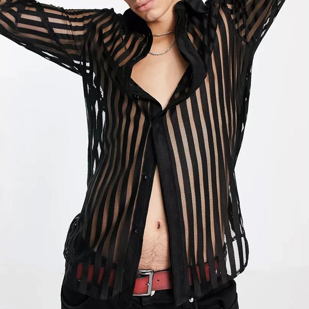 Mens See-Through Sexy Shirt Genderless Nightclub Print Loose Casual Striped Mesh Fashion Trendy Long-Sleeved Shirt Unisex