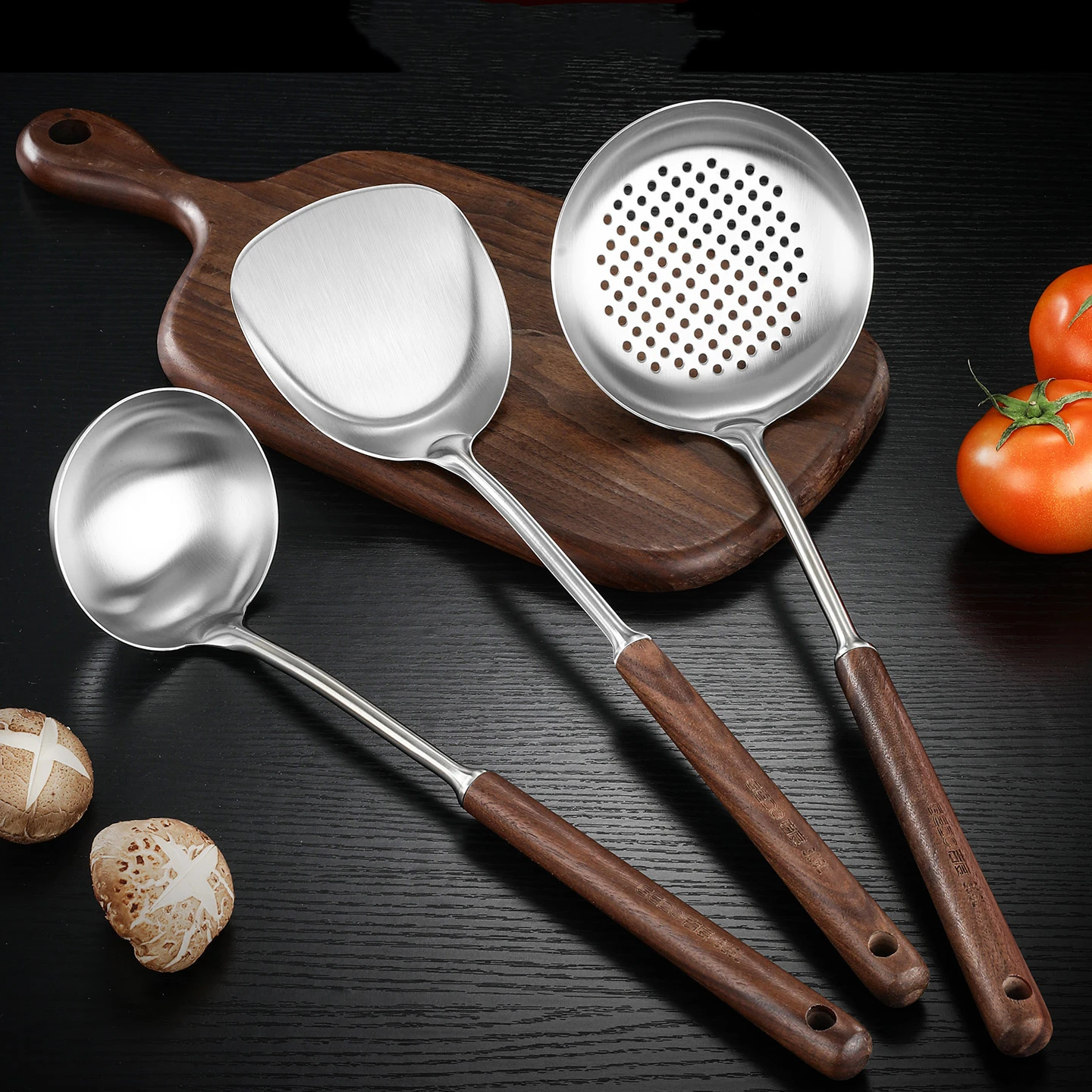 LFGB Certification 99.9% Anti-bacterial Kitchen Utensils 316 Stainless Steel Cooking Spatula Colander Soup Ladle for Family