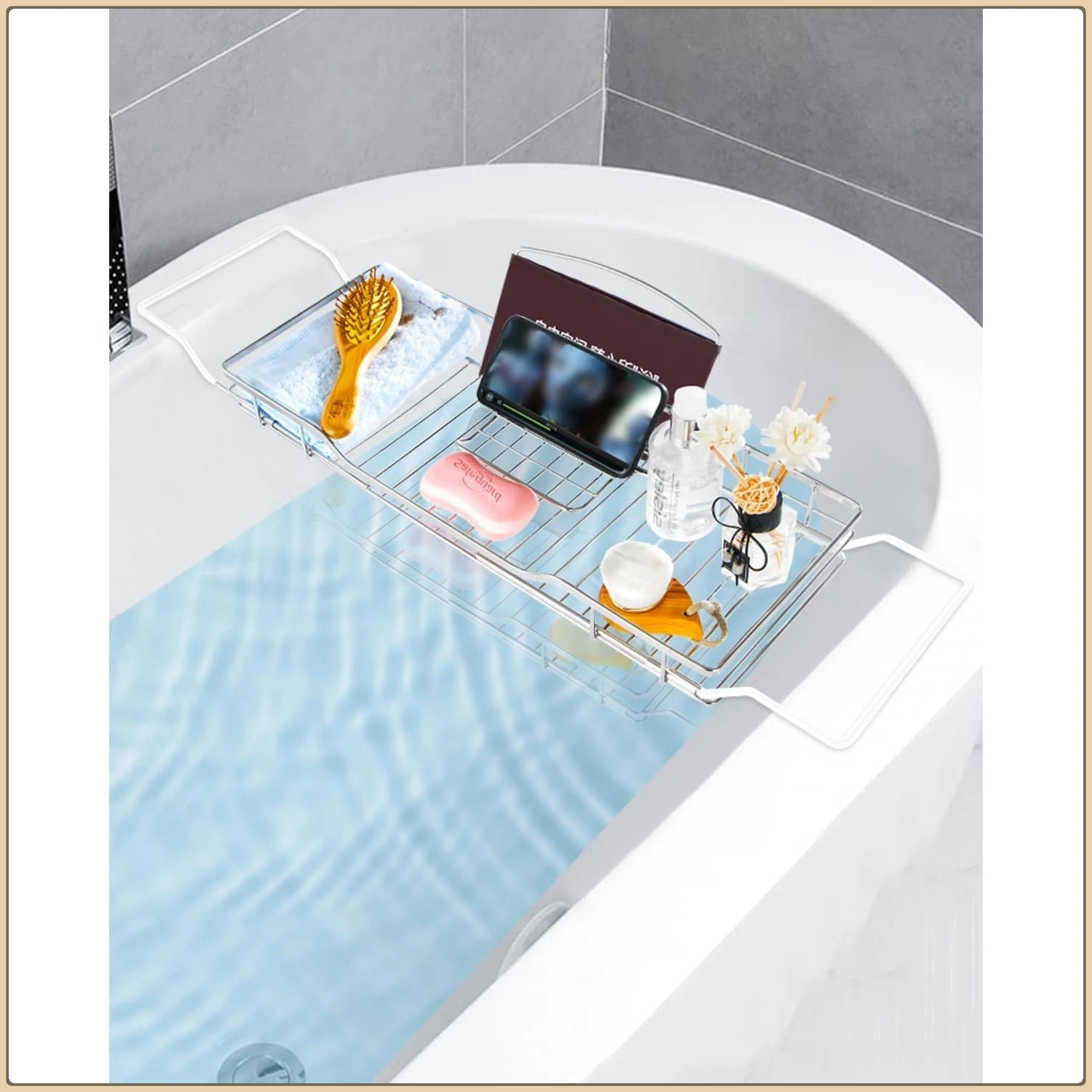 Adjustable bathtub rack, 304 stainless steel bathroom tray, multifunctional storage rack, can hold tablet or mobile phone