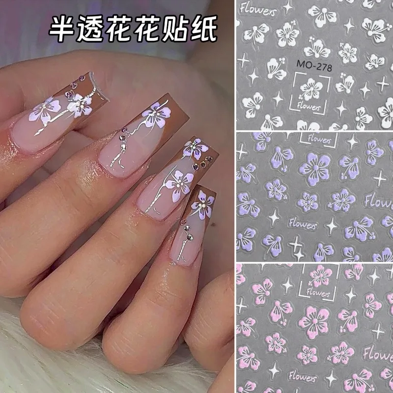 Hot-selling Embossed White Semi-transparent Floral Nail Stickers Pure Desire Style Pink Purple Small Floral DIY Nail Stickers