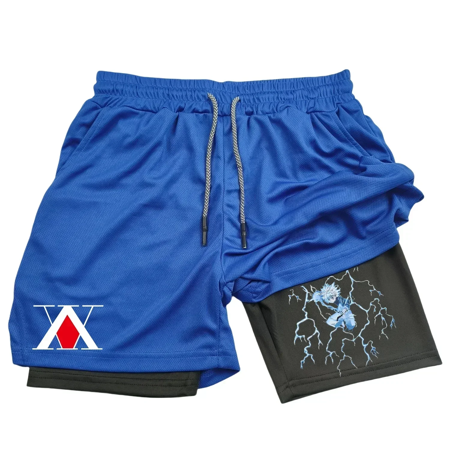 

Мужские шорты для бега 2 в 1, с карманами для телефона, новые летние шорты в стиле аниме, двухслойные пляжные брюки для взрослых, повседневные легкие шорты