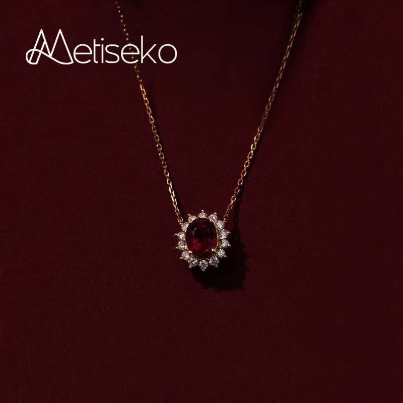 Metiseko 925 Sterling Silver Ruby Colour Chain Necklace Garnet Red Cubic Zirconia Retro Style Necklace Waterproof for Women