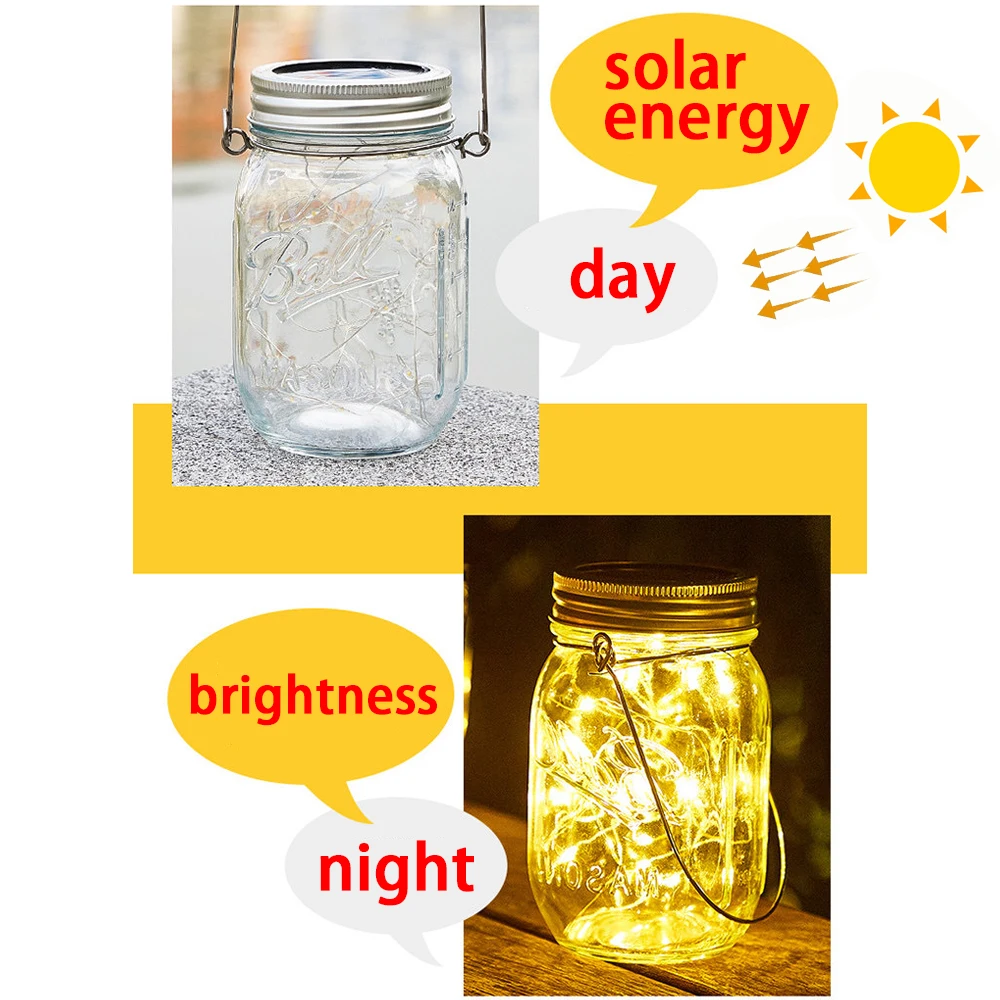 Solar Power Mason Jar Lid Luzes LED, luz de fadas impermeável, luz de Natal, guirlanda, casamento, decoração do jardim, 1m, 2m