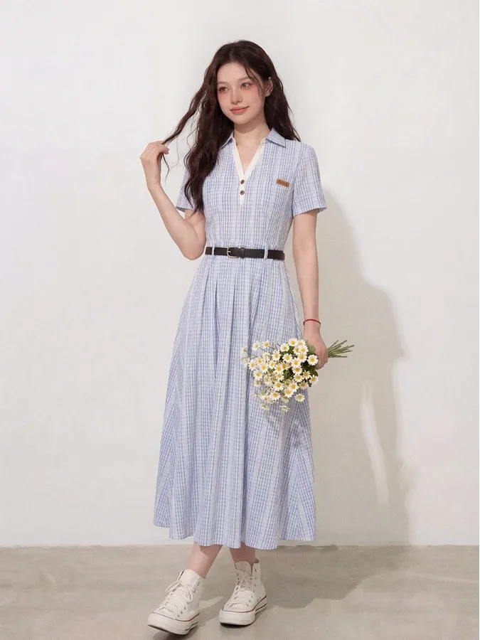 

Новое летнее женское платье больших размеров в синюю клетку с коротким рукавом, в корейском стиле, приталенное, с завышенной талией, из мягкой ткани, облегающее, высокого качества.