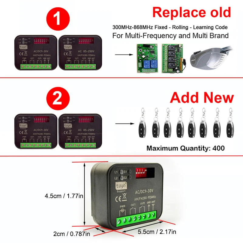 Universal RX MULTI Tuya Wifi Smart Switch Module 2CH 300-868MHz Garage Door / Gate Remote Control Receiver Opener 433MHz 868MHz