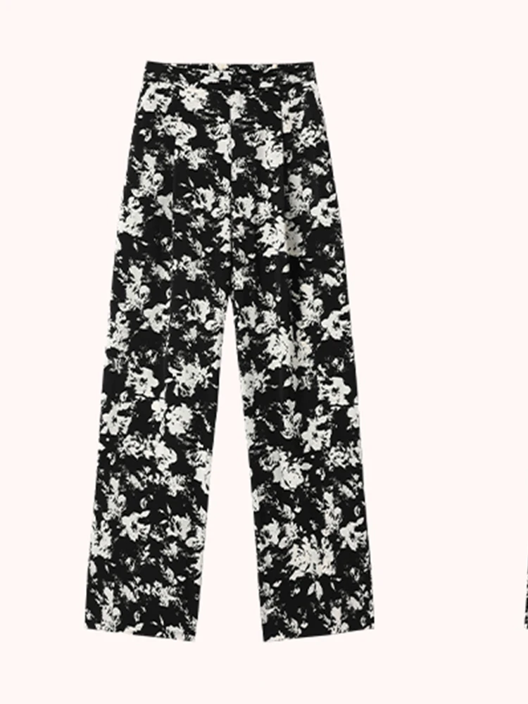 Pantalon Vintage en Mousseline de Soie Imprimé Noir et Blanc pour Fille, Vêtement observateur, Droit, Décontracté, à Taille artificiel astique, Nouvelle Collection Printemps Été