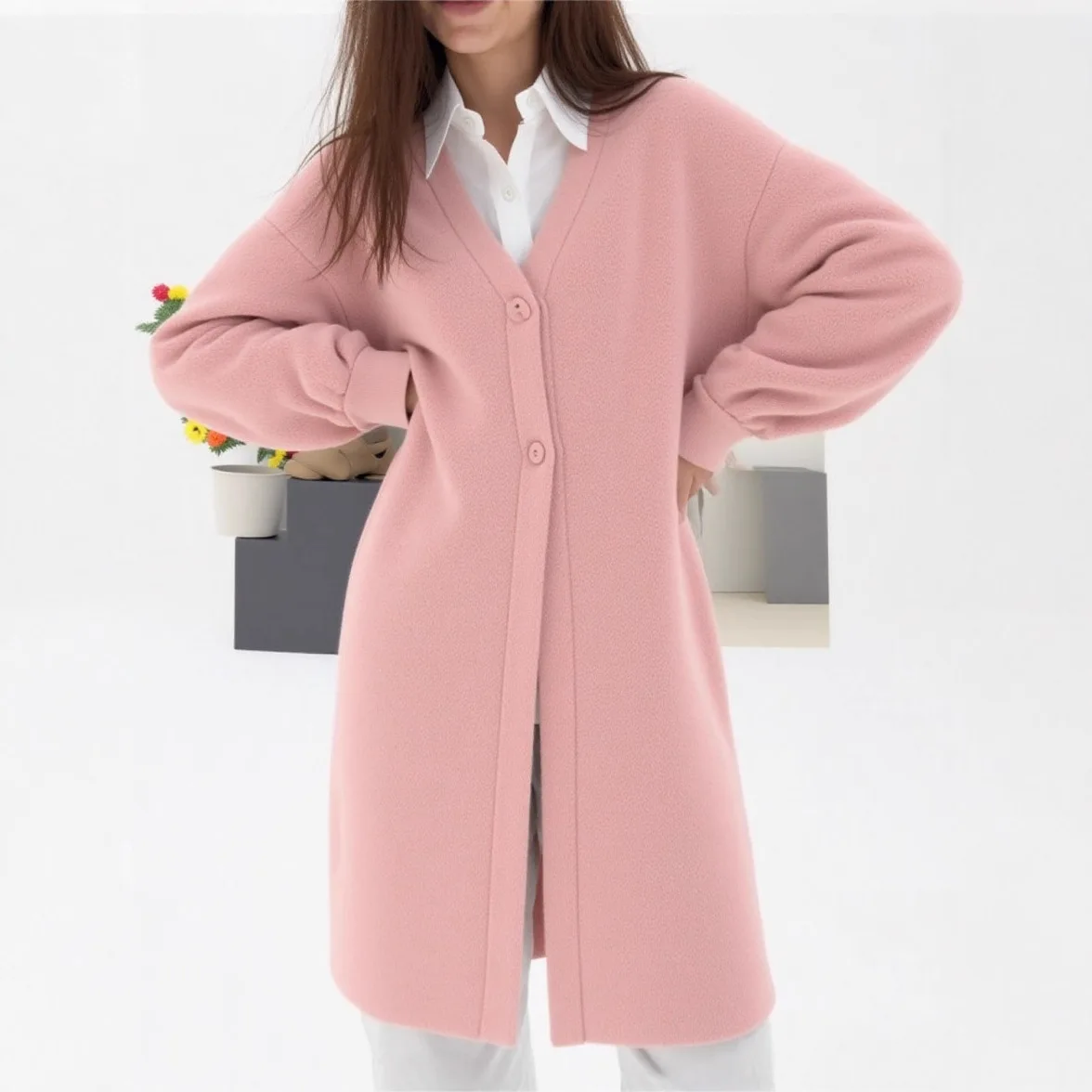 

Женский длинный трикотаж с напуском больших размеров, пальто-кардиган, свободный однобортный однобортный кардиган с v-образным вырезом и длинными рукавами на осень-зиму 2025