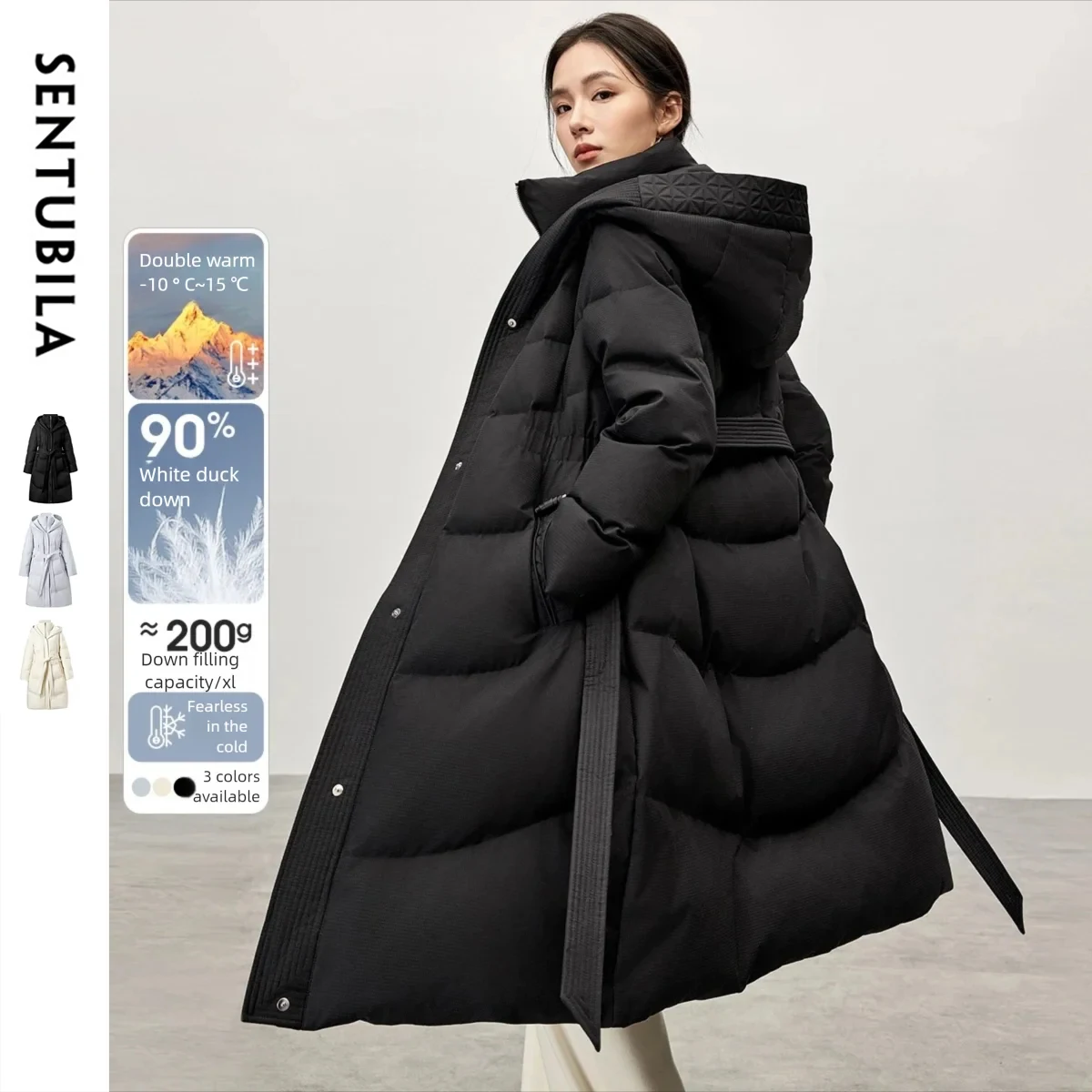 Sentubila longo para baixo casacos puffer feminino 2025 inverno com capuz suporte pescoço grosso quente com cinto pato para baixo casaco feminino outerwear w44y57030