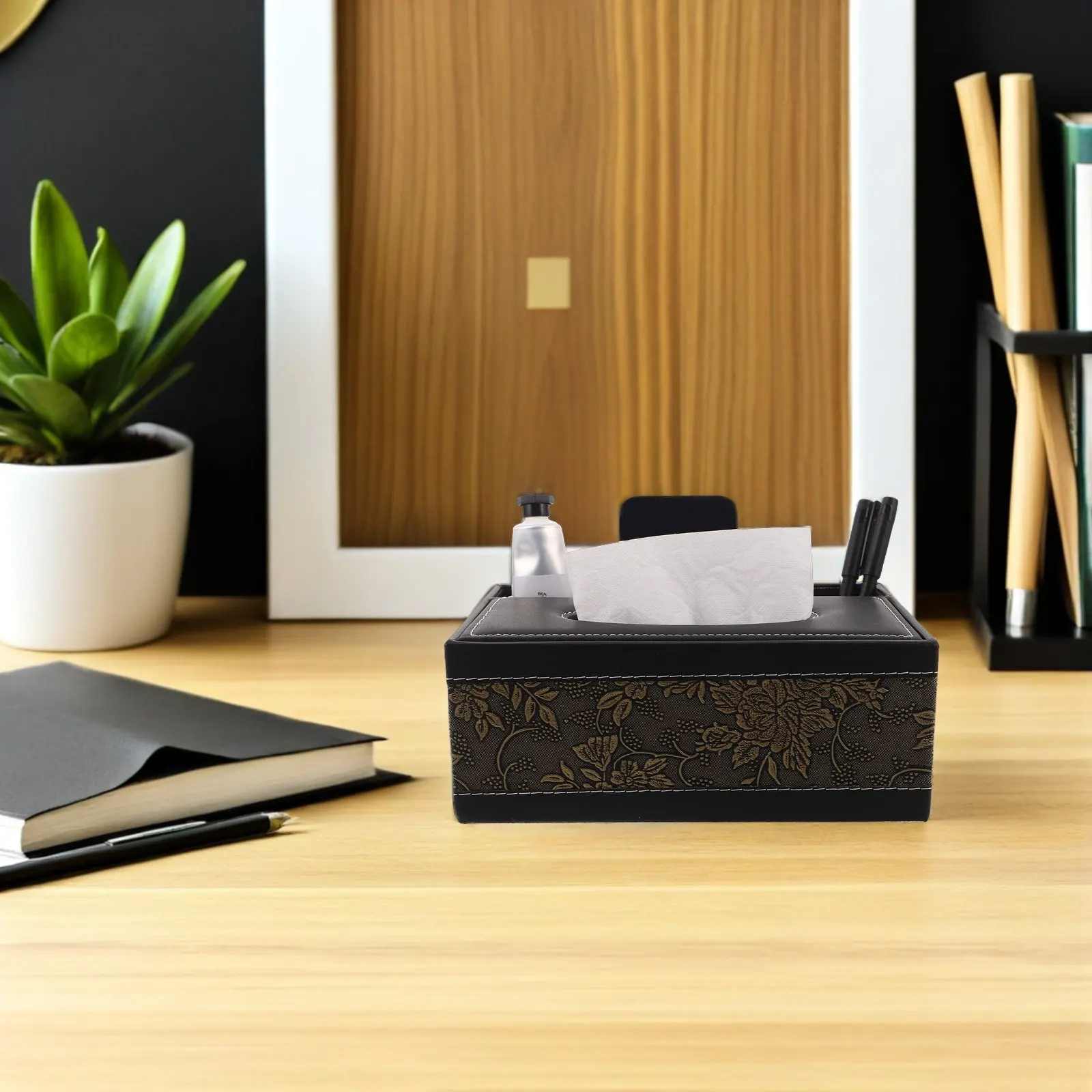 PU Nordic Retro Tissue Box Desktop Organizer Multifunctional Tissue Dispenser Remote Control Storage Case for Kitchen view 3