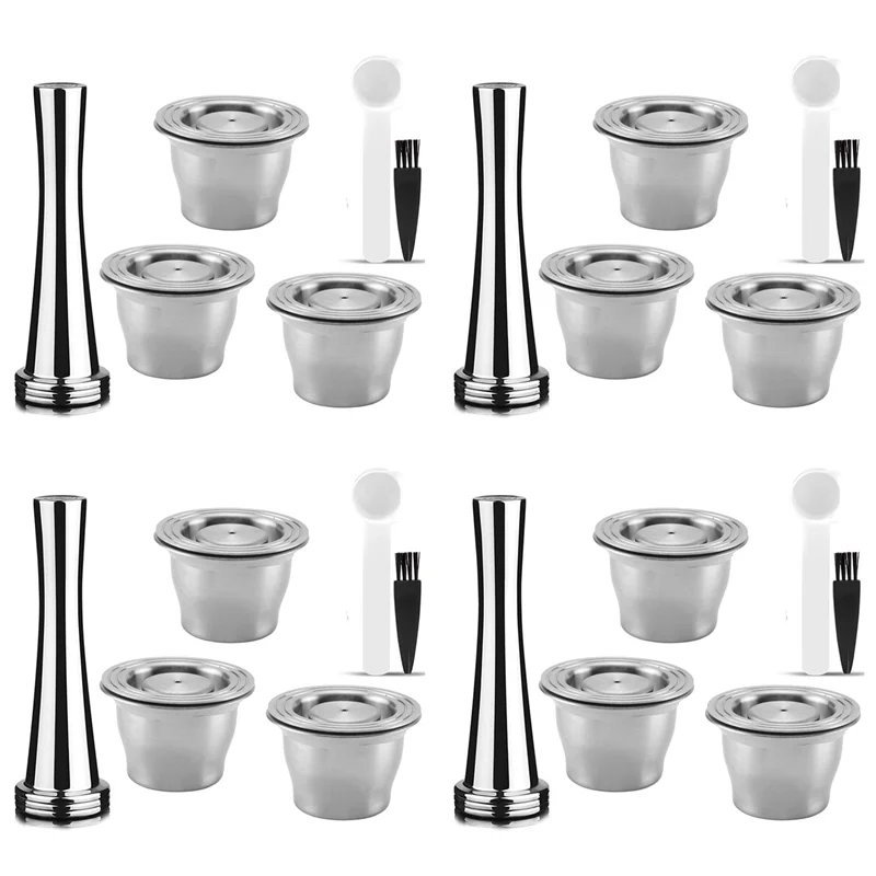 Многоразовые капсулы ABKR, нержавеющая сталь, 12 шт. многоразовых подушечек для Nespresso + 4 тампера + 4 ложки + 4 кисточки