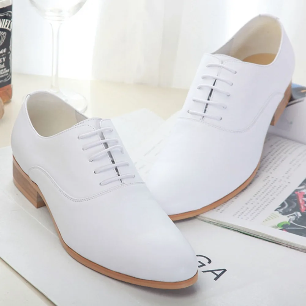 2027 New Men's Elevating Dress Shoes British Style Pointed-Toe Cowhide Leather Soft White Oxfords Formal Business Footwear