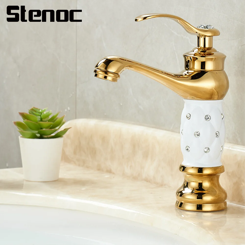 Stenoc Gold Basin Faucets Diamond Bathroom Faucet Single Handle Mixer Tap Hot and Cold Water Mixer Crane Bath Brass Mixer Tap