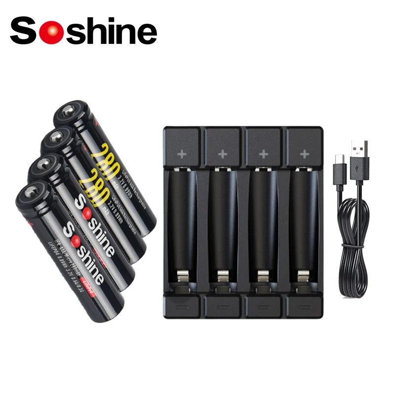 Soshine 3.2V 10440 280mAh LiFePO4 Rechargeable Battery and Charger AAA 14500 10440 Smart Battery Charger 4 Slot with USB Cable