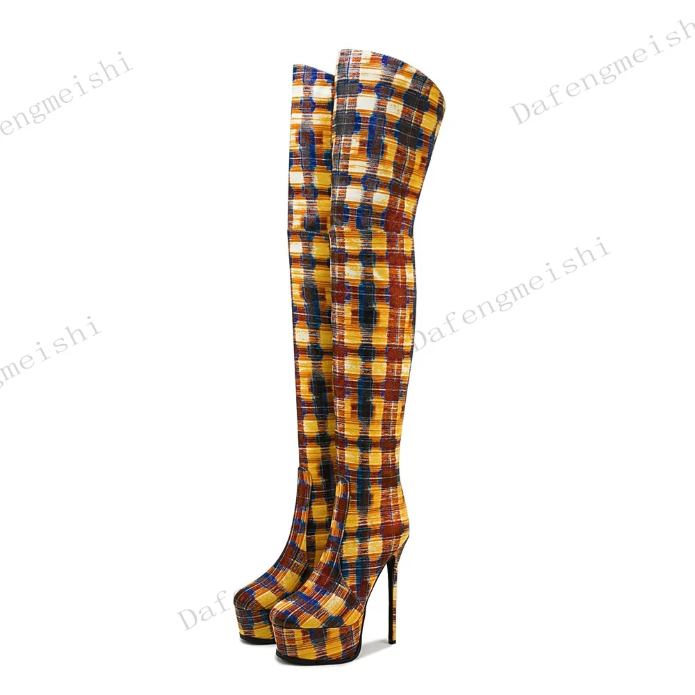 Women Plaid Print Over The Knee Boots Round Toe Platform Stiletto Heel Thigh High Boots Colorful Pattern Stretch Fashion Shoes