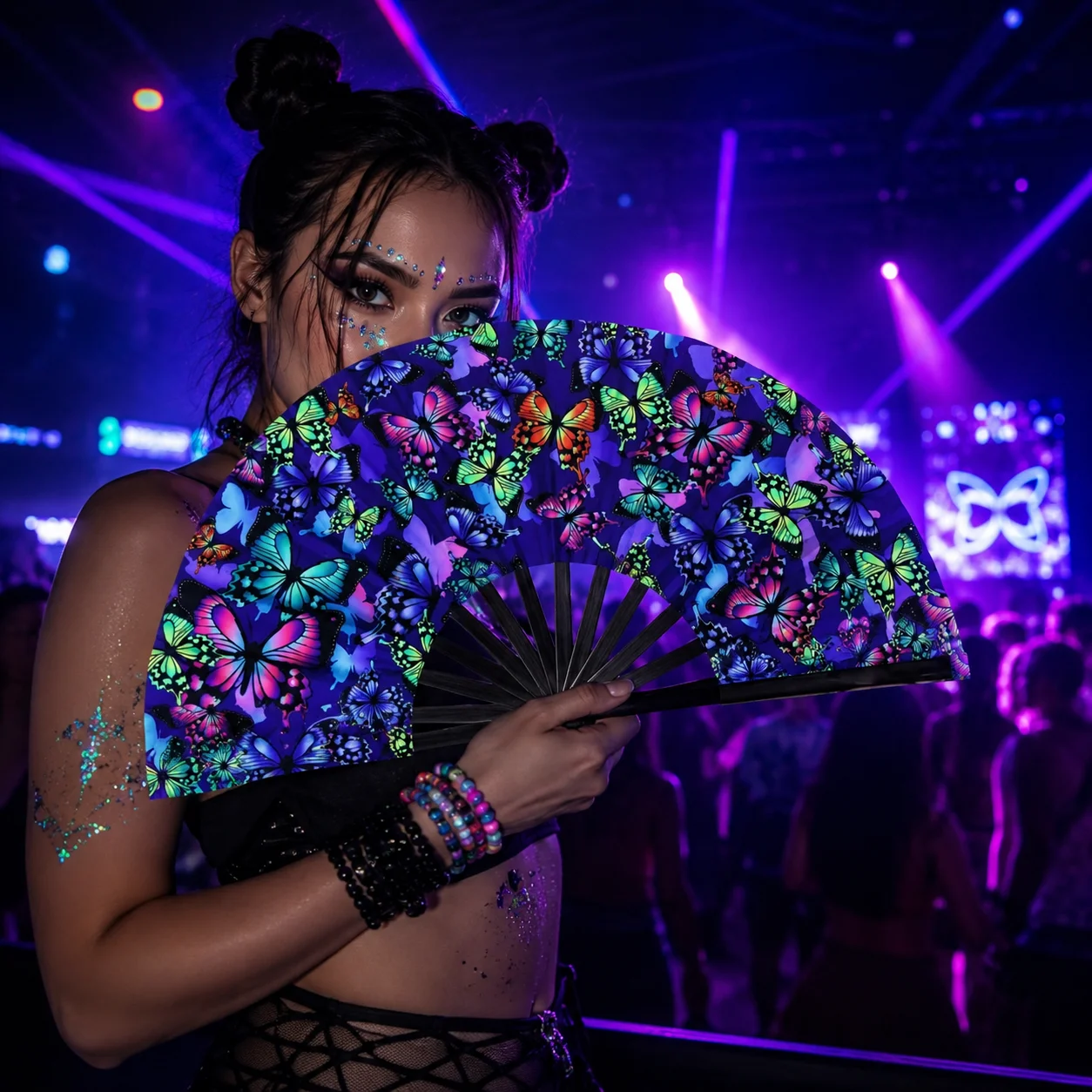Chinese Style 33cm Rave Hand Fan UV Glow Folding Kung Fu Fan Holographic Gradient Colorful Portable Handheld Fan Gift