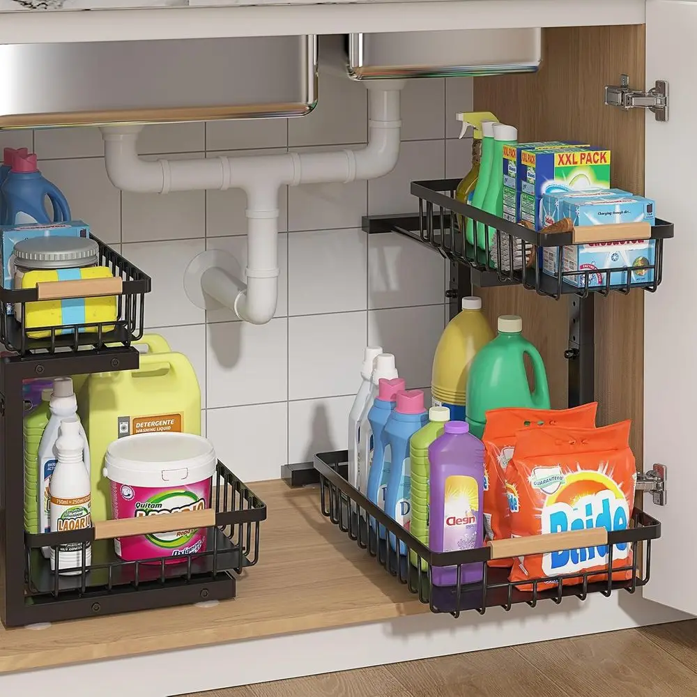 

2 Packs Pull Out Kitchen Sink Organizer, 2 Tier Slide Out Storage Shelf, Black