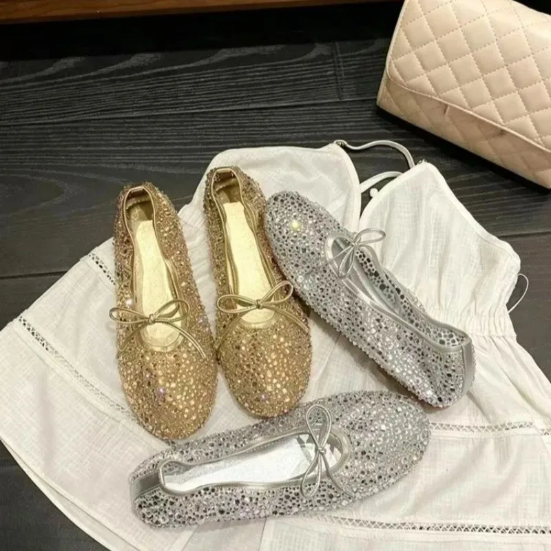 

Rhinestone Soft Sole Single Shoes Women's Single Buckle Round Toe Pumps Comfortable Flat Sole