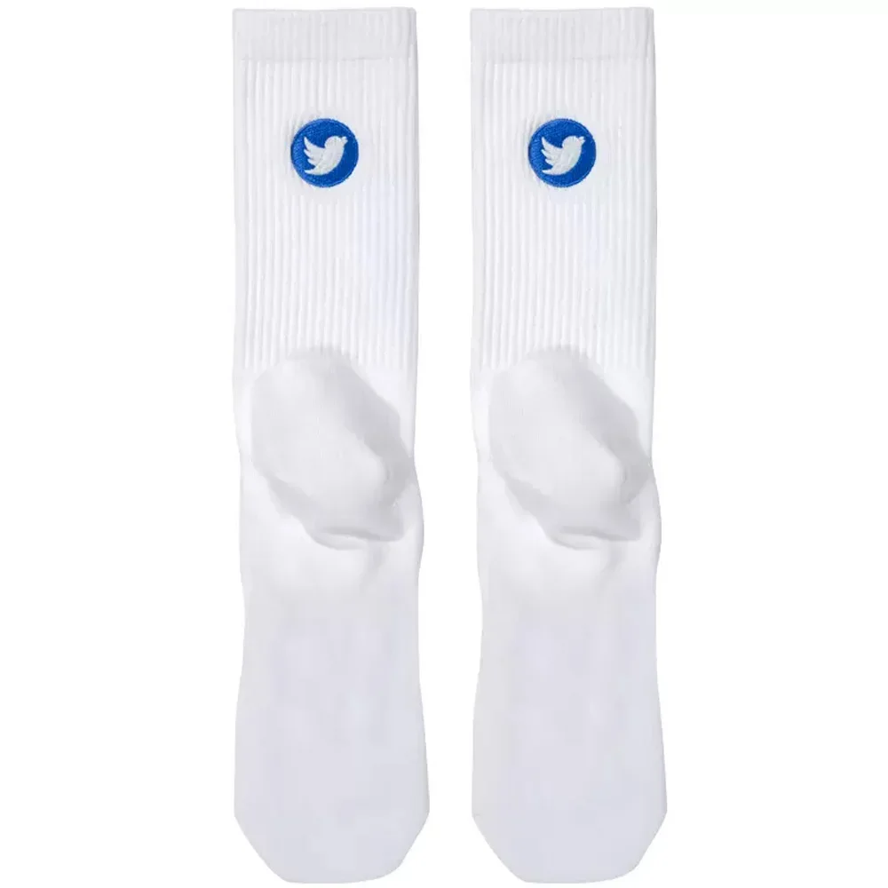 Men's Blue Bird Twitter Embroidery Pattern Luminous White Thin Four Seasons Tall Cotton Socks