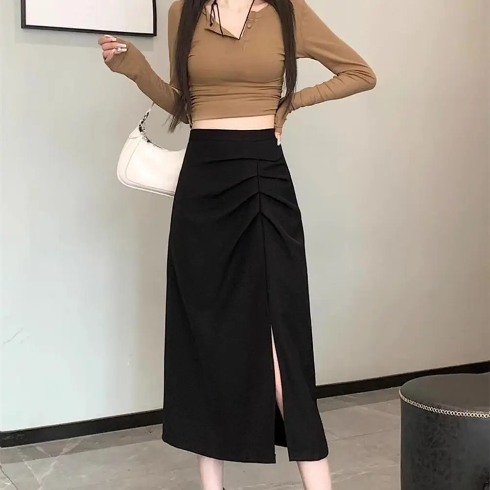 Solid Color Loose Fit Skirt Comfortable Skirt Stylish Women's Midi Skirts High Waist A-line Design Side Slit for Work for Daily