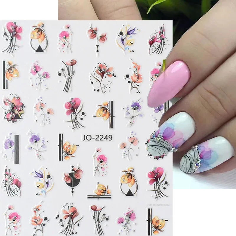 

Nail Art Sticker Watercolor Flower Nail Stickers Floral Geometric Lines Glitter Leaf Butterfly Spring Nail Decor Gel Manicure