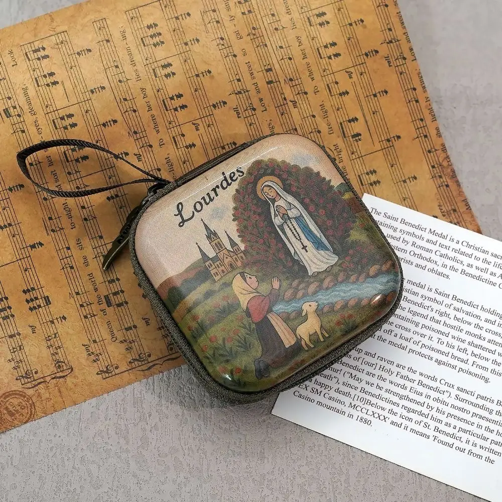 Portable Virgin Mary Prayer Rosary Storage Bag Zippered Cartoon Religious Articles 7x7cm Elegant Christian Gift Devotees