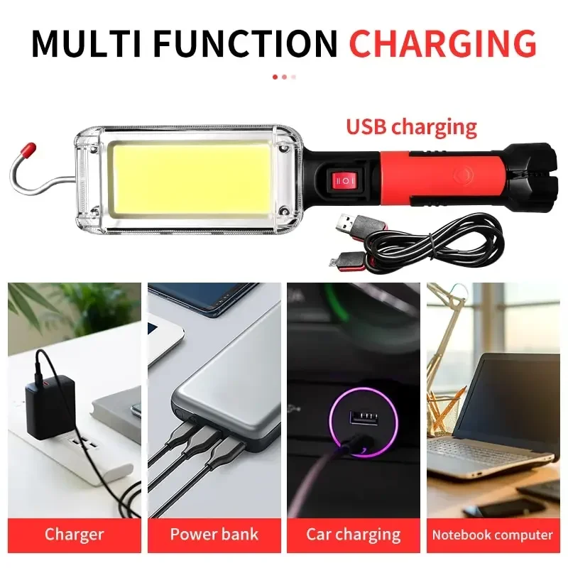 1/2/4 szt. Latarka latarka o dużej mocy oświetlenie robocze COB USB z haczyk z magnesem lampą do konserwacji namiotu kempingowego