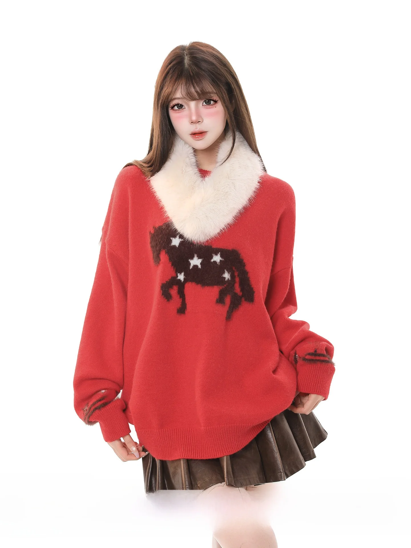 

Новогодний вязаный свитер-пуловер с круглым вырезом, повседневный, женский, осенне-зимний, новый, в стиле Lazy Fashion, теплый, для комфорта.