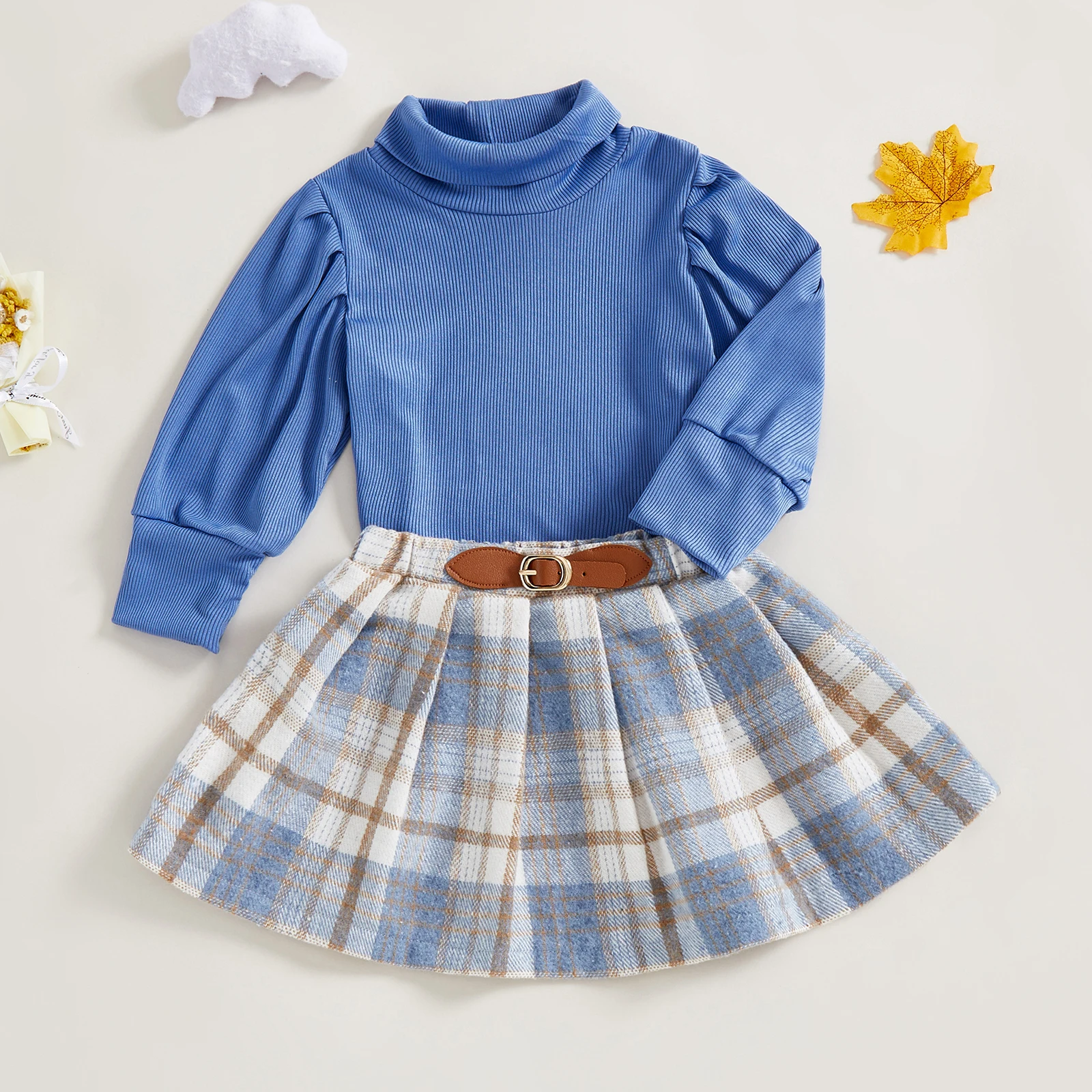 أطقم ملابس خريفية عصرية للفتيات الصغيرات من FOCUSNORM 0-4Y قطع علوية بأكمام طويلة ورقبة سلحفاة متينة وتنانير منقوشة على شكل حرف a #6