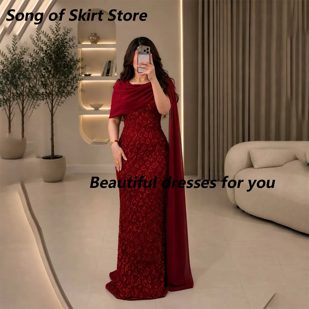 Burgunderrotes Abendkleid mit Perlenapplikationen, luxuriöses, maßgeschneidertes Chiffon-Kleid mit Cape-Ärmeln, Meerjungfrauen-Stil, formelles Partykleid, langes Ballkleid