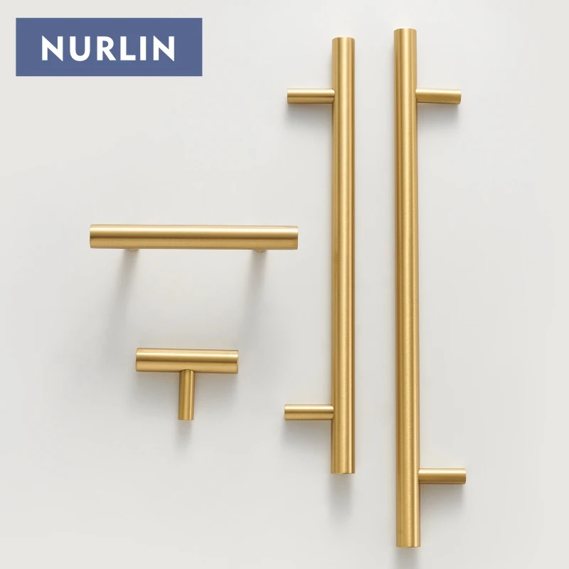 Nurlin Solid Brass Round Rod T-shaped Cabinet Handle Extended Long Wardrobe Drawer Refrigerator Kitchen door Pull Furniture