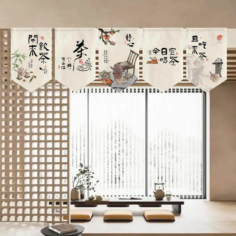 VIKAMA Chinese Style Half Curtain Door Partition Hanging for Tea House Shop Window Kitchen Home Decor Custom