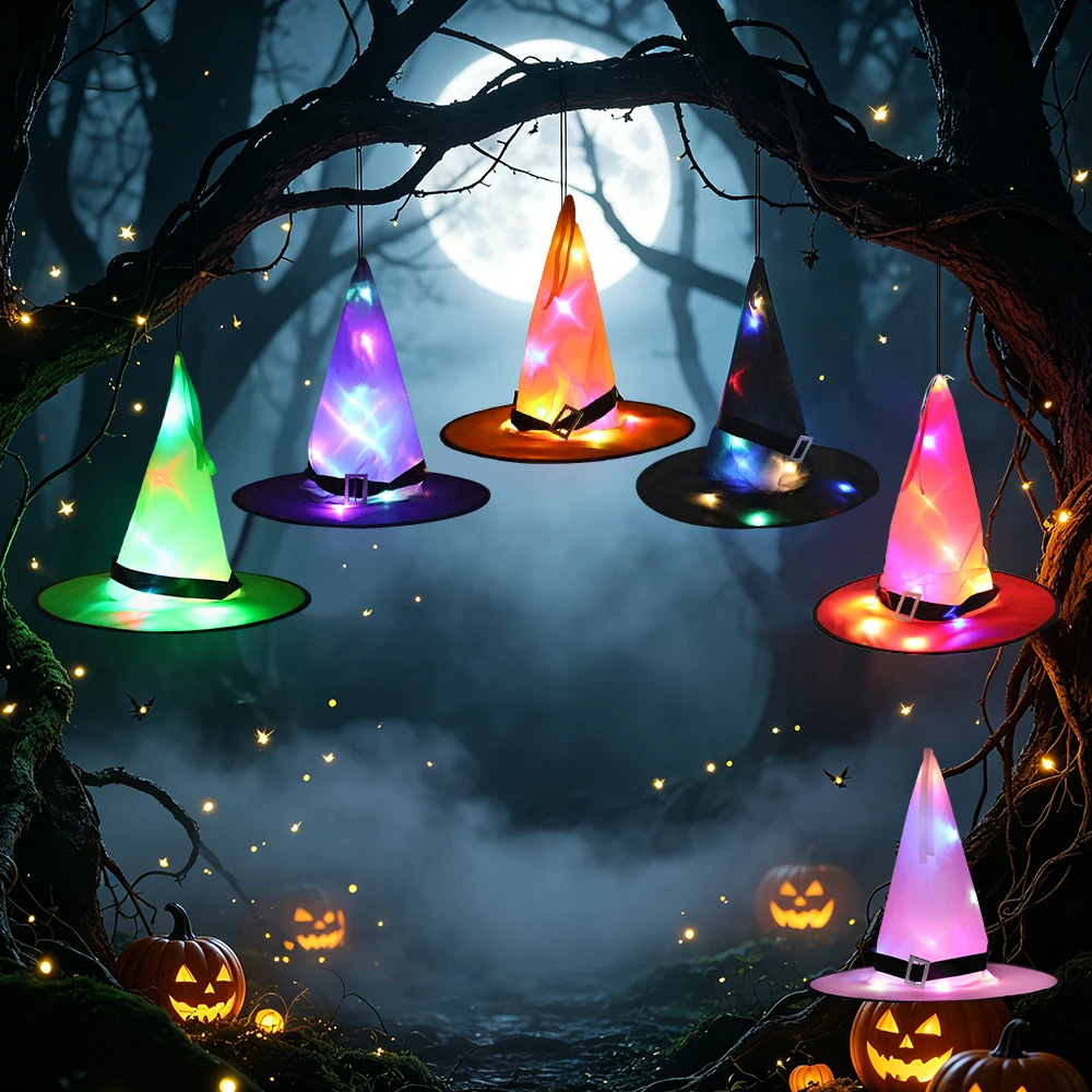 2PCS LED Colored Witch Hat, Halloween High Pointed Wide Eave Witch Hat Party Cosplay Costume Hat Hanging on Courtyard Doors