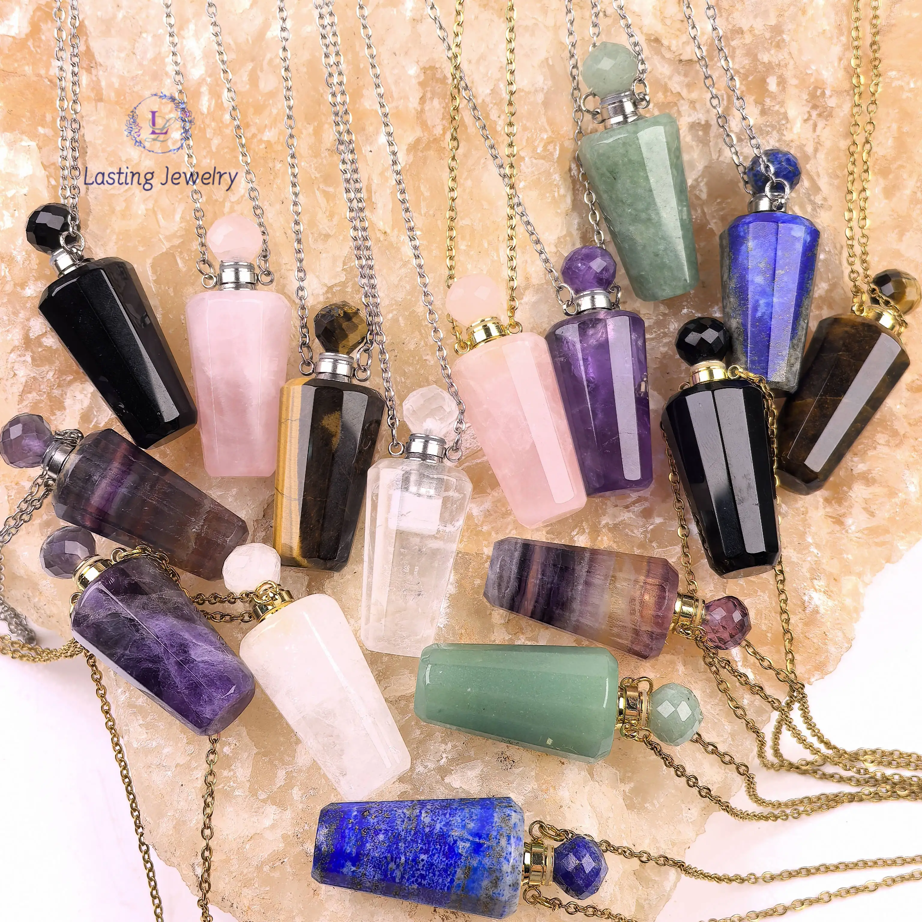 

Obsidian Gemstone Essential Oil Diffuser Vial Charms Healing Crystal Rose Quartz Perfume Bottle Pendant Necklace Jewelry Gift