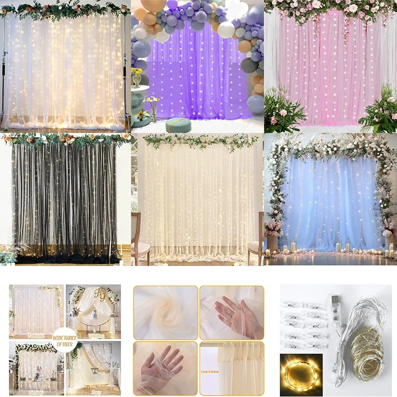 

2Pcs/Set Mesh Curtain Garland with Fairy Lights Birthday Party Decorations Kids Favor Wedding Party Girls Baby Shower Supplies