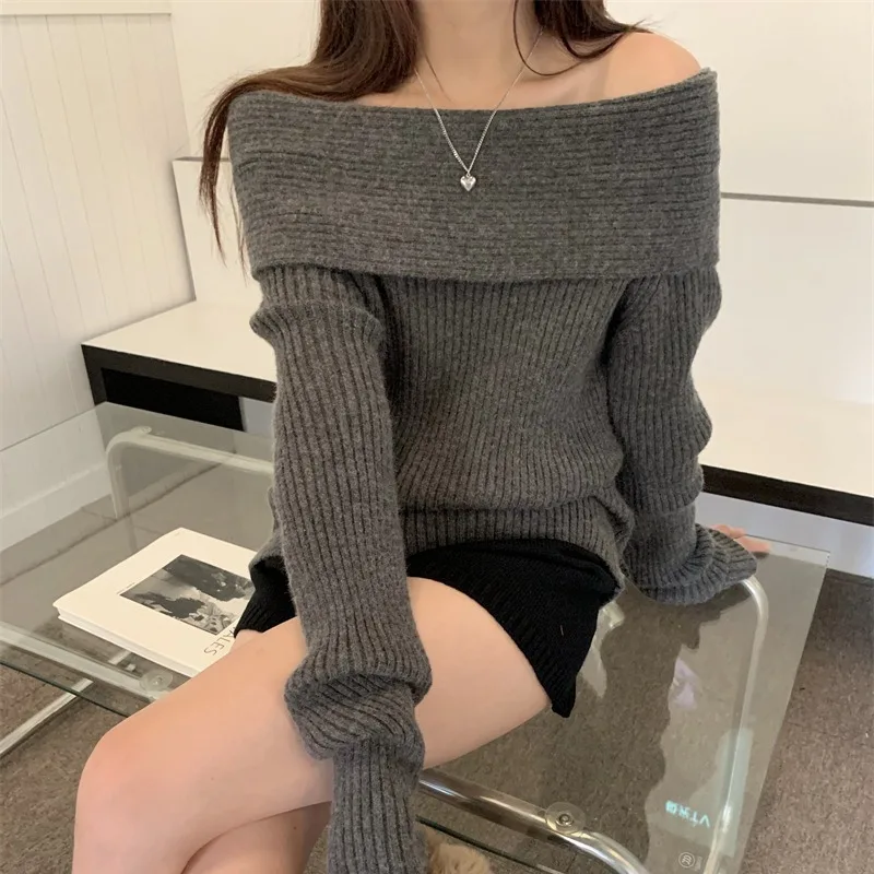 2024 new autumn and winter high-end wear sweater women\'s bottoming one-shoulder off-shoulder sweater women\'s clothing