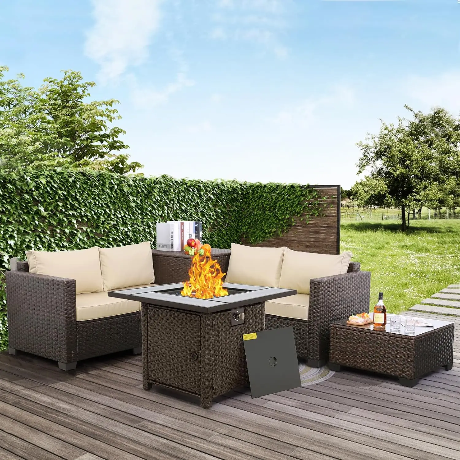 5-Piece PE Rattan Outdoor Sectional Sofa Set with Storage Box, Coffee Table & Propane Fire Pit, Khaki Cushion, Custom