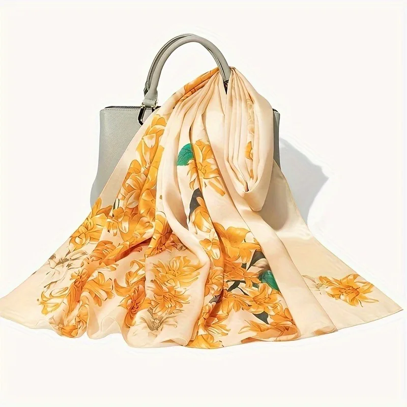

100% Mulberry Silk Long Scarf for Women Oblong Shawls for Headscarf Neck- Oblong Hair Wraps Gift Packed Orange Floral Print